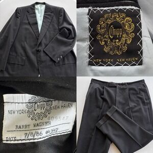 Vintage Chip Bespoke Black Suit 50R Jacket 46x31 Pants Custom Tailored 1980s